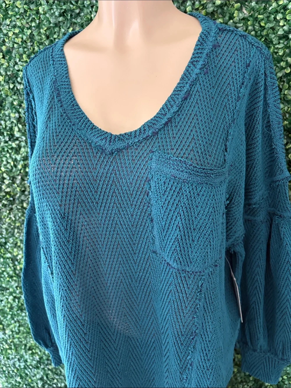 Free People Teal Chevron Knit V-Neck Pocket Blouse